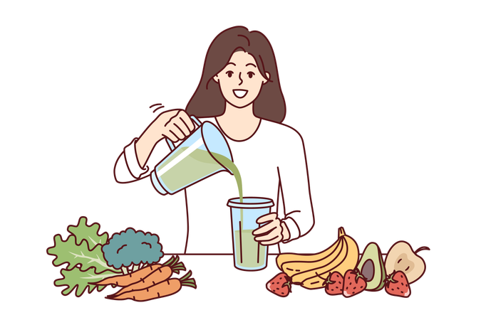 Woman drinks diet smoothie made in blender from organic fruits and vegetables with healthy vitamins  Illustration