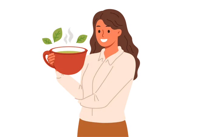 Woman Drinks Green Loose Leaf Tea From Large Mug Enjoying Bite Of Hot Soothing Drink Ceylon Aromatic Tea With Mint And Herbs In Hand Of Business Lady Taking Break While Working Or Studying イラスト
