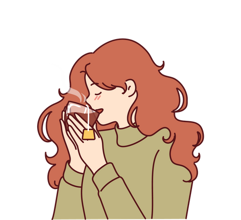 Woman drinks hot tea and enjoying taste of warming drink in cold winter weather  Illustration