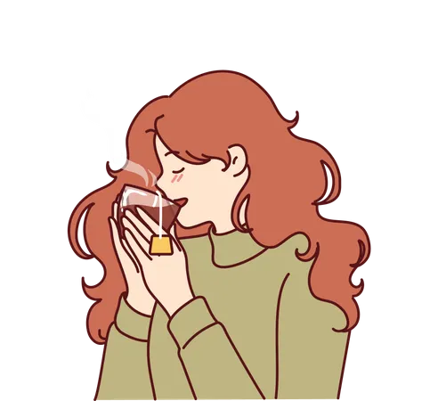 Woman drinks hot tea and enjoying taste of warming drink in cold winter weather  Illustration