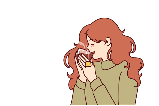 Woman drinks hot tea in winter season  Illustration