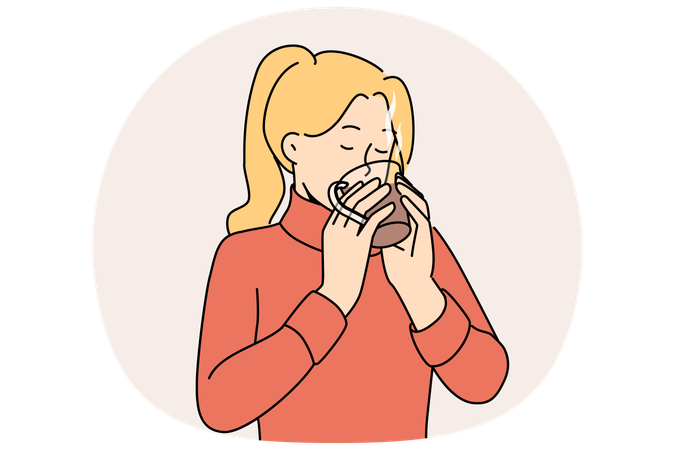 Woman drinks hot tea to keep warm and quench thirst after walk in park in cold winter weather  Illustration