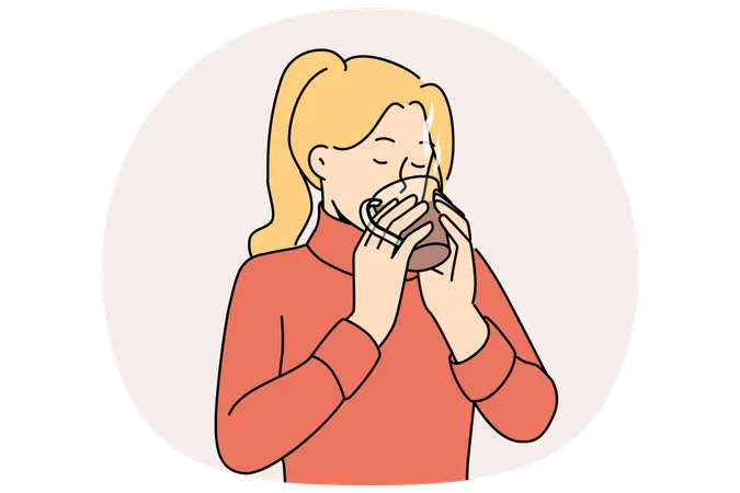 Woman drinks hot tea to keep warm and quench thirst after walk in park in cold winter weather  Illustration