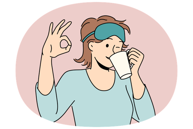 Woman drinks morning coffee after waking up and shows ok gesture standing in sleep mask  Illustration