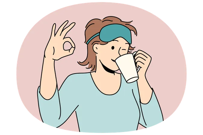 Woman drinks morning coffee after waking up and shows ok gesture standing in sleep mask  Illustration