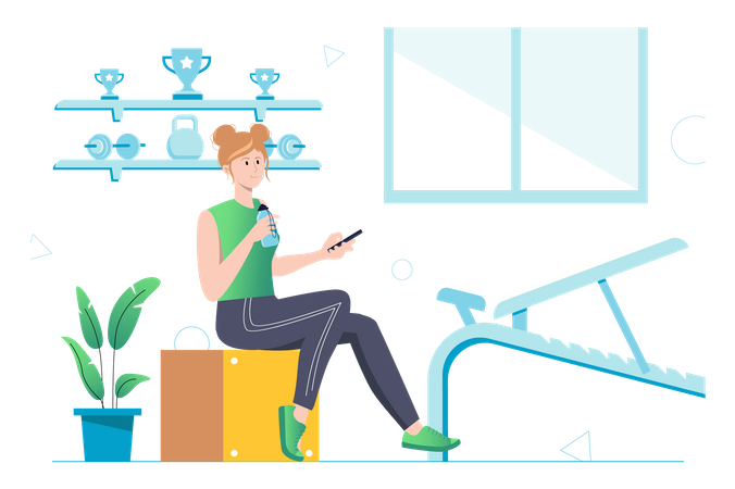 Woman drinks water and rests after exercises in gym Illustration