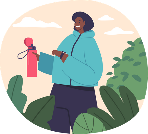 Woman Drinks Water From Bottle and Glancing At Wristwatch For Time  Illustration