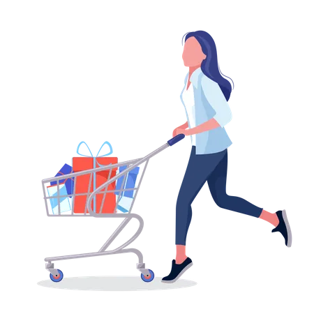 Woman drive a shopping basket with lots of purchased goods  Illustration