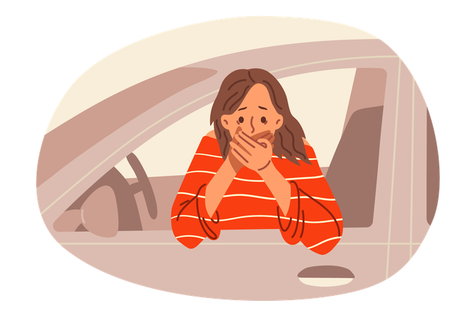 Woman driver suffers from nausea while driving leans out of car and covers mouth with hand  Illustration