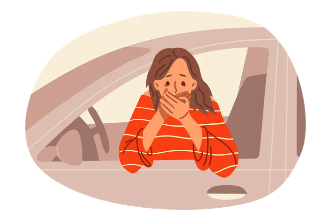 Woman Driver Suffers From Nausea Driving Leans Out Of Car And Covers Mouth With Hand Girl Driver Who Was Poisoned During Lunch Feels Dizzy And Has Symptoms Foreshadowing Vomiting Illustration