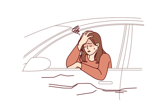 Woman driver was in car accident crying sitting behind wheel in broken car due to hangover  Illustration