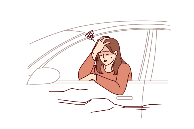 Woman driver was in car accident crying sitting behind wheel in broken car due to hangover  Illustration