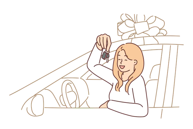 Woman Driver With Key To Donated Car Sits Behind Wheel And Brags About Buying Or Getting Loan On Favorable Terms Girl In Gift Car With Giant Bow Rejoices At Successful Purchase In Dealership Illustration