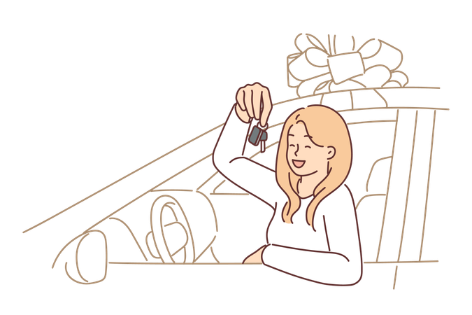 Woman driver with key to donated car  Illustration