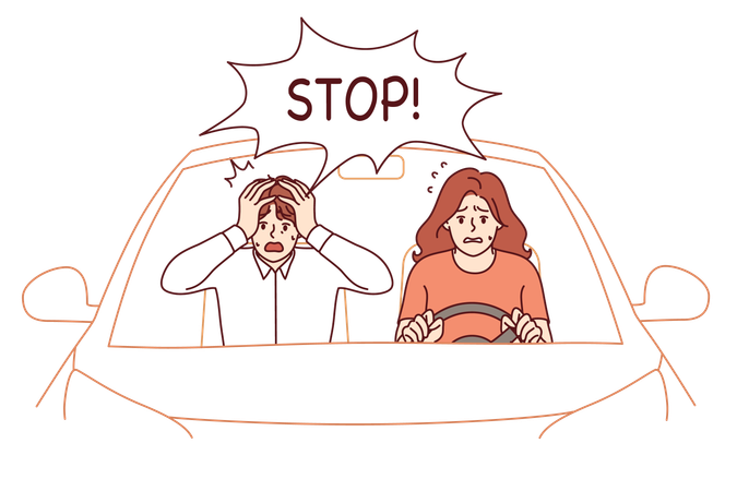 Woman drives car poorly and sitting behind wheel and frightening man who clutches head in fear  Illustration