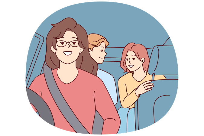 Woman drives car with teenage children in passenger seat  Illustration