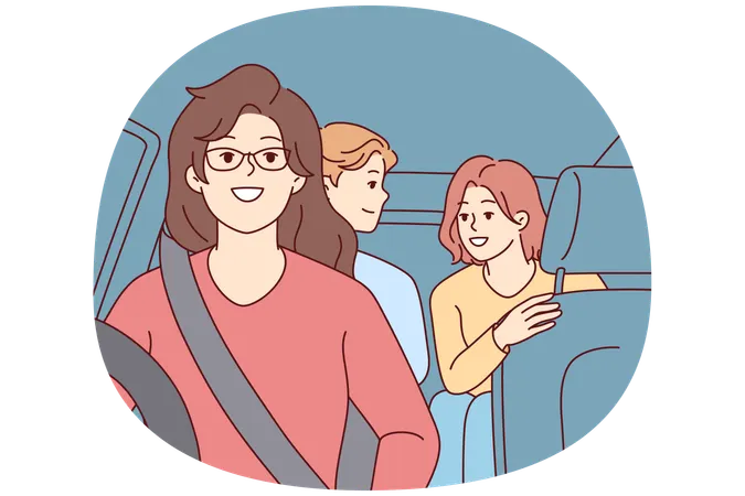 Woman drives car with teenage children in passenger seat  Illustration