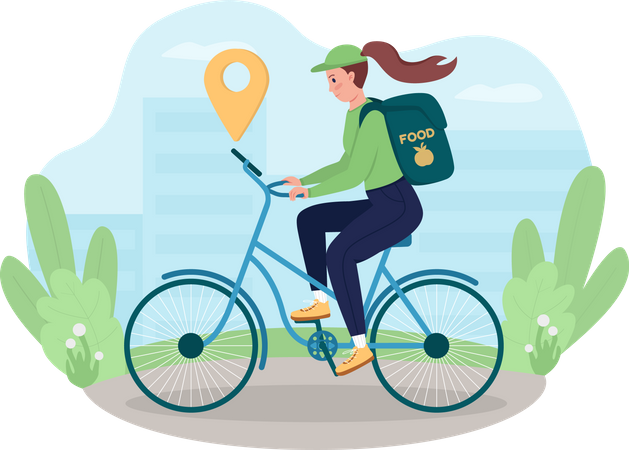 Woman driving bike and delivering food  Illustration