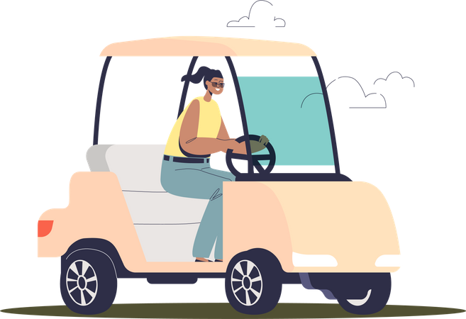 Woman driving golf car Illustration