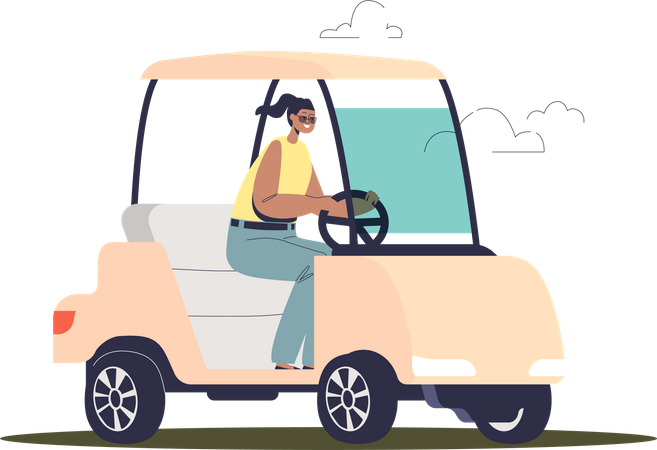 Woman driving golf car  Illustration