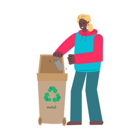 Woman droping metal trash in bin  Illustration