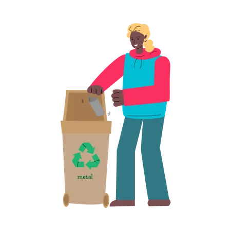 Woman droping metal trash in bin  Illustration