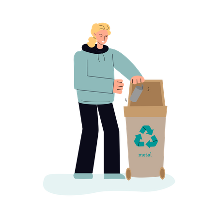 Woman droping metal trash in bin  Illustration