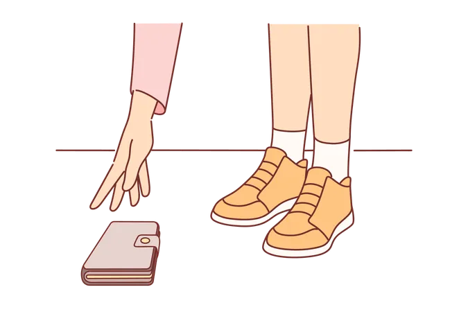 Woman Dropped Phone And Pulls Hand To Ground To Pick Up Dropped Gadget Concept Problem Of Carelessness And Negligence Mobile Phone In Case Or Wallet Lost By Pedestrian On City Street Illustration
