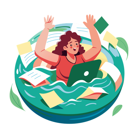 Woman drowning in work  Illustration