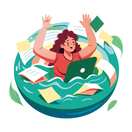 Woman drowning in work  Illustration