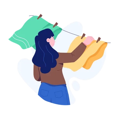 Woman Drying Clothes on rope  Illustration