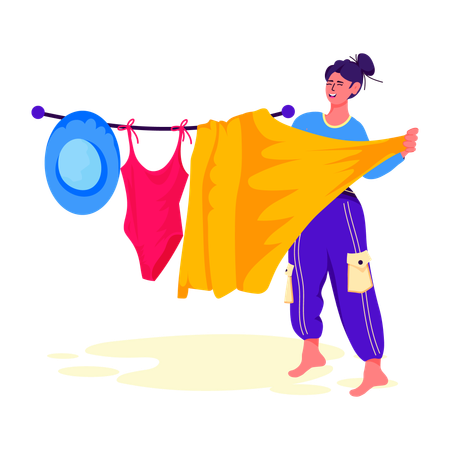 Woman Drying Clothes on rope  Illustration