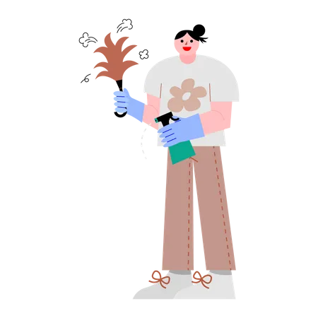 Woman Dusting With Feather Duster Vector Illustration In Flat Color Design Illustration
