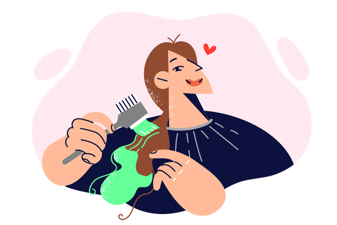Woman dyes hair herself and holds brush with green paint  Illustration