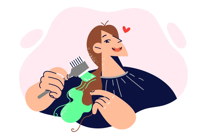 Woman dyes hair herself and holds brush with green paint  Illustration