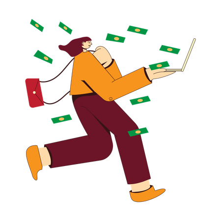 Woman earning money on laptop  Illustration