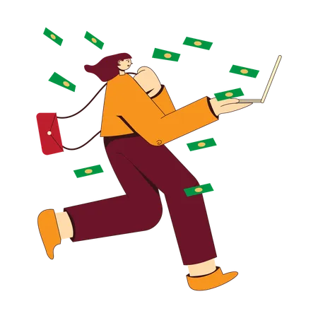 Woman earning money on laptop  Illustration