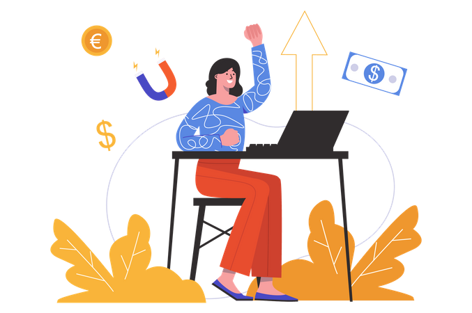 Woman earning online by working on laptop Illustration