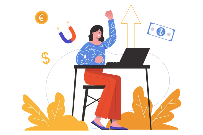 Woman earning online by working on laptop Illustration