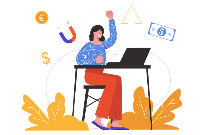 Woman earning online by working on laptop  Illustration