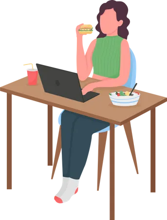 Woman eating at computer desk Illustration
