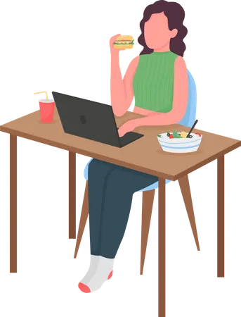 Woman eating at computer desk  Illustration