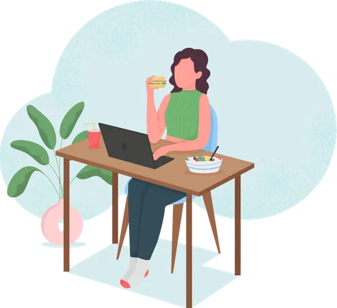 Woman eating at computer desk  Illustration