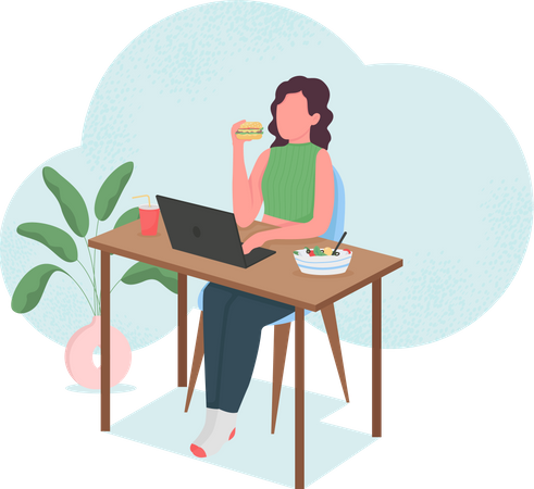 Woman eating at computer desk  Illustration