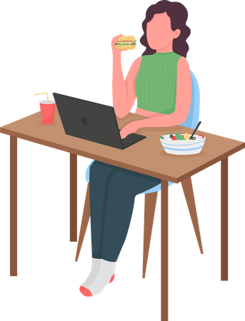 Woman eating at computer desk  Illustration