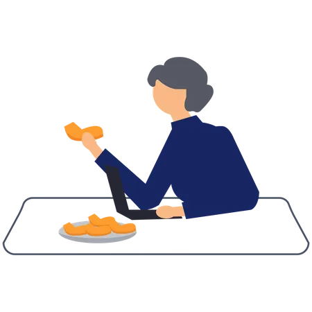 Woman eating at office Illustration
