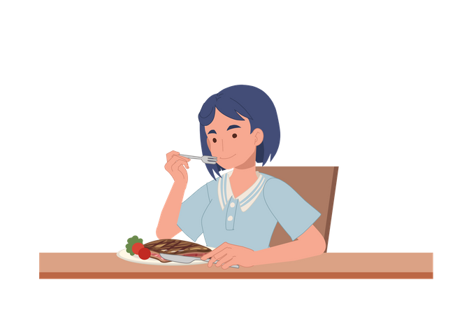 Woman eating beef steak Illustration