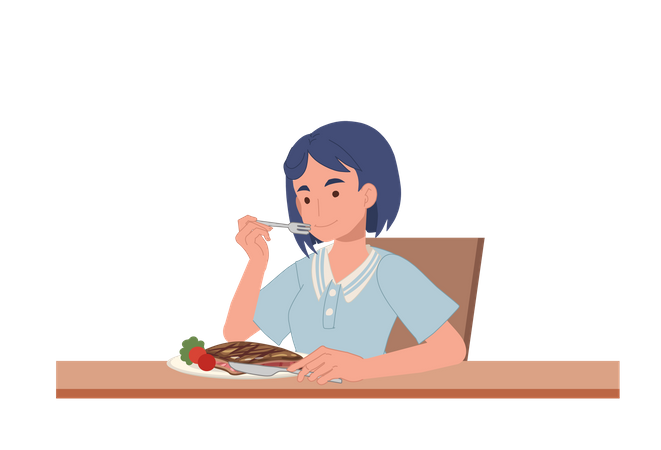 Woman eating beef steak  Illustration