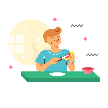 Boy Spreading Jam On Bread At Breakfast In Autumn Illustration