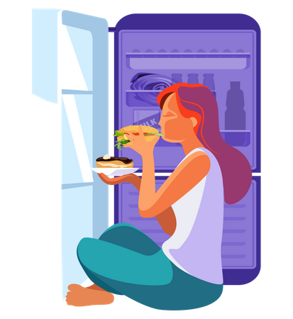 Woman eating burger at night from refrigerator Illustration